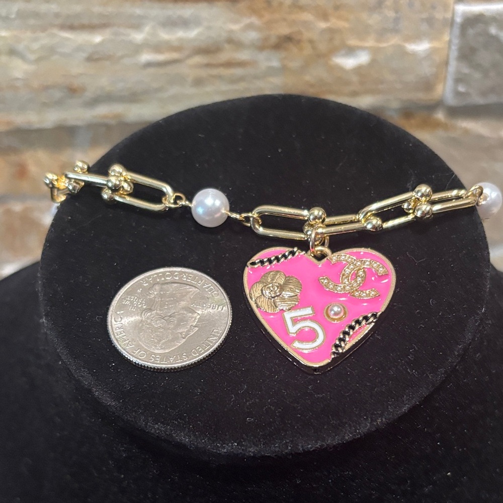 Gold-Plated & Pearl Chain Necklace with Designer Pink Heart Pendant - Picture 5 of 5